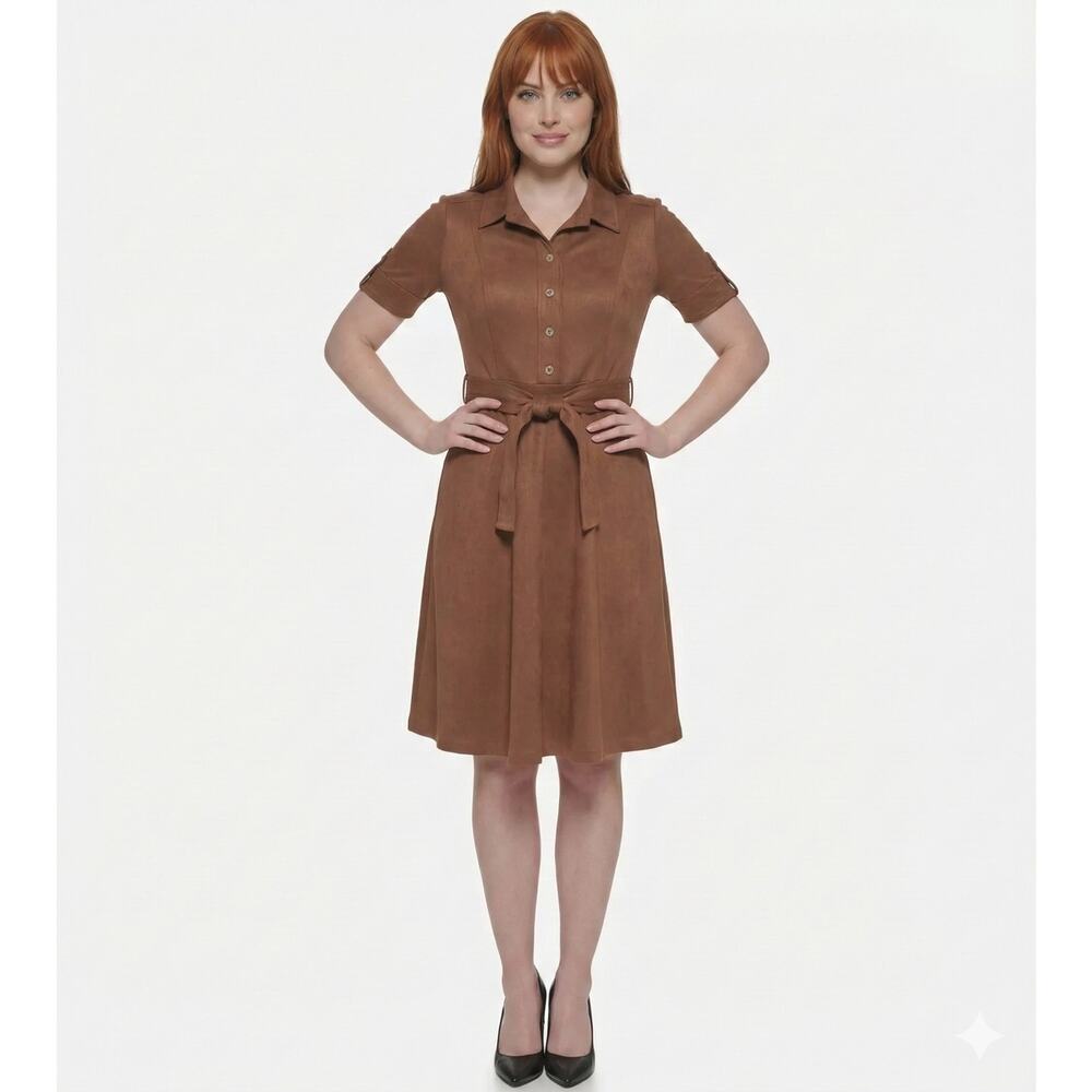 Tommy Hilfiger Coffee Faux Suede Dress Size 18 NWT, Short Sleeve Collared